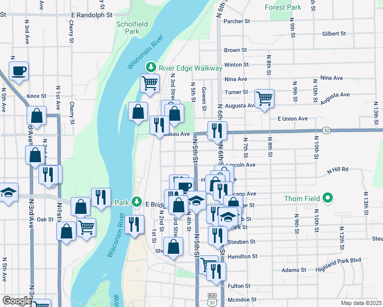 map of restaurants, bars, coffee shops, grocery stores, and more near 314 Park Avenue in Wausau