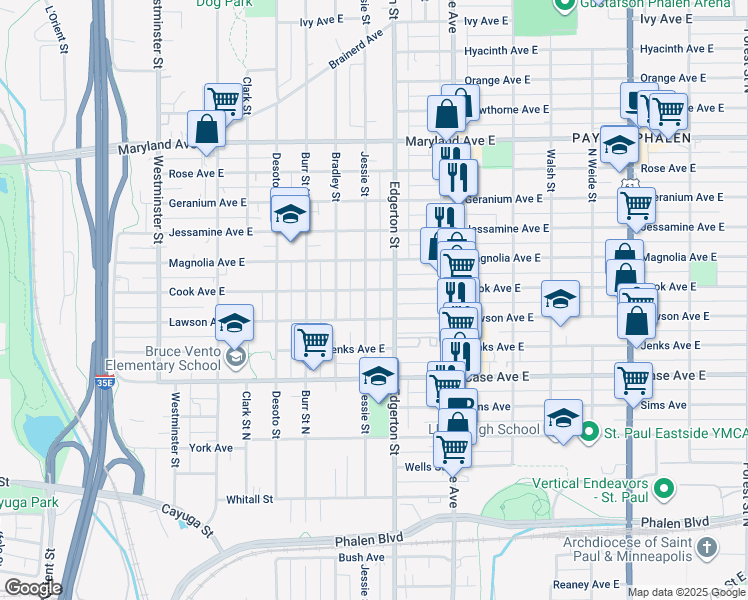 map of restaurants, bars, coffee shops, grocery stores, and more near 1040 Jessie Street in Saint Paul