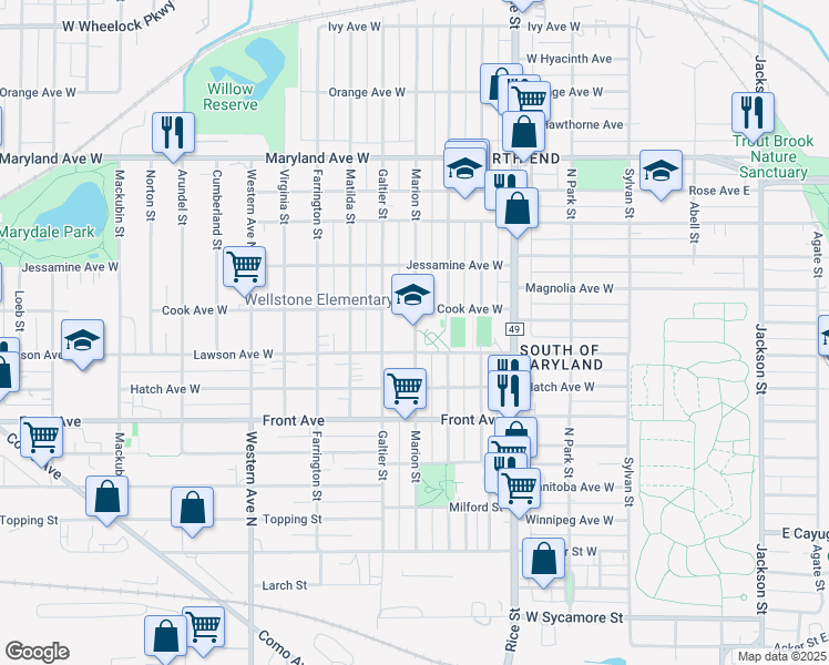 map of restaurants, bars, coffee shops, grocery stores, and more near 1495 Rice Street in Saint Paul