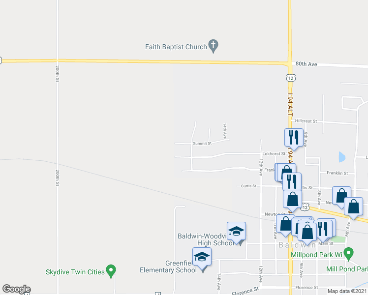 map of restaurants, bars, coffee shops, grocery stores, and more near 1510 Summit Street in Baldwin