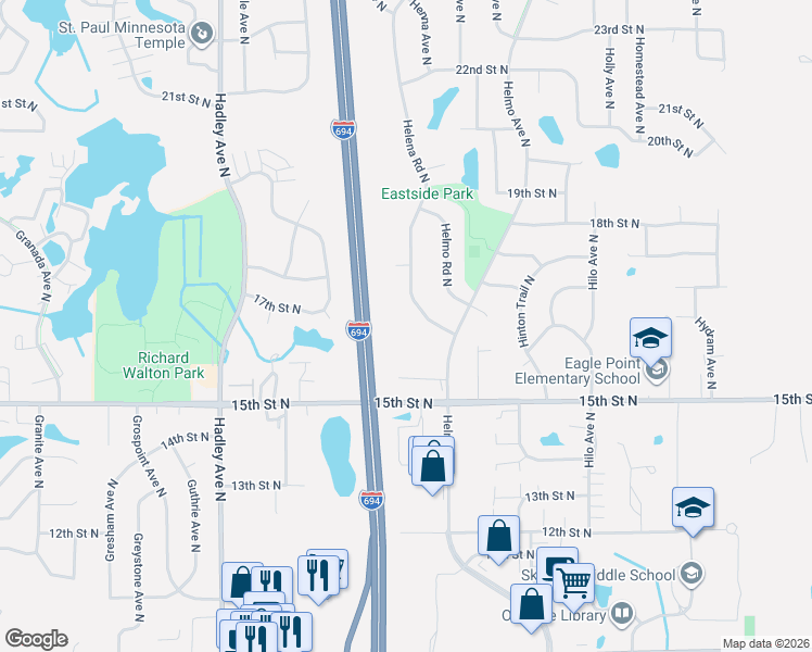 map of restaurants, bars, coffee shops, grocery stores, and more near 1694 Helena Road North in Saint Paul