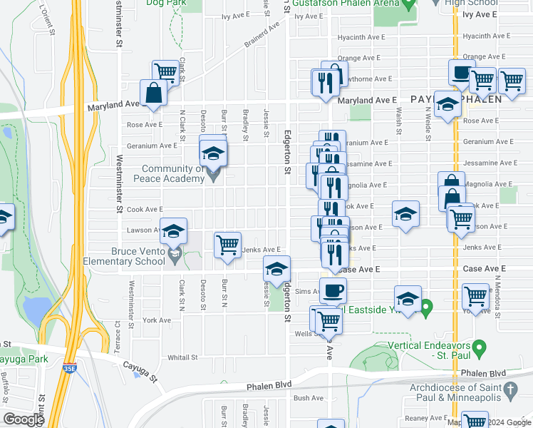 map of restaurants, bars, coffee shops, grocery stores, and more near 1041 North Jessie Street in Saint Paul