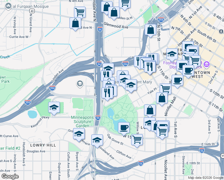 map of restaurants, bars, coffee shops, grocery stores, and more near Hennepin Ave & 16th St N in Minneapolis