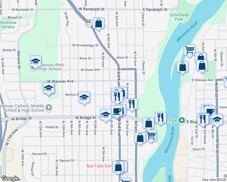 map of restaurants, bars, coffee shops, grocery stores, and more near 805 North 4th Avenue in Wausau