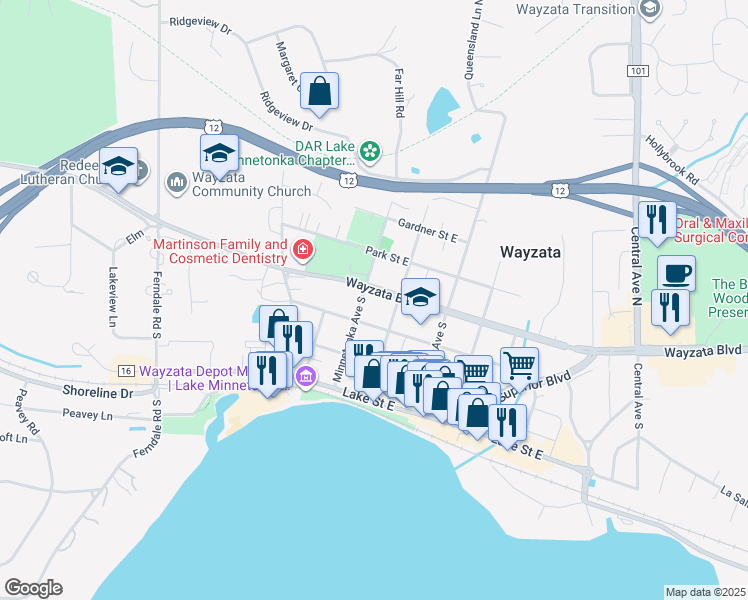 map of restaurants, bars, coffee shops, grocery stores, and more near 510 Wayzata Boulevard in Wayzata