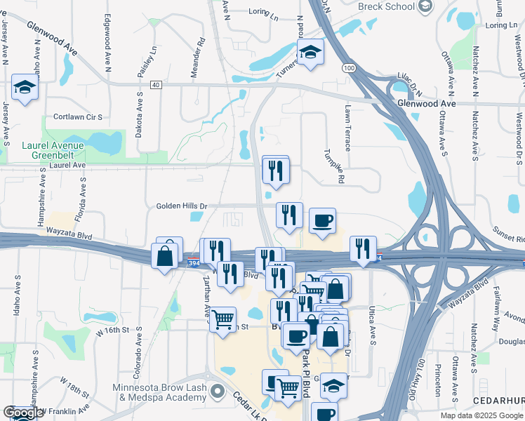 map of restaurants, bars, coffee shops, grocery stores, and more near 901 Xenia Avenue South in Golden Valley