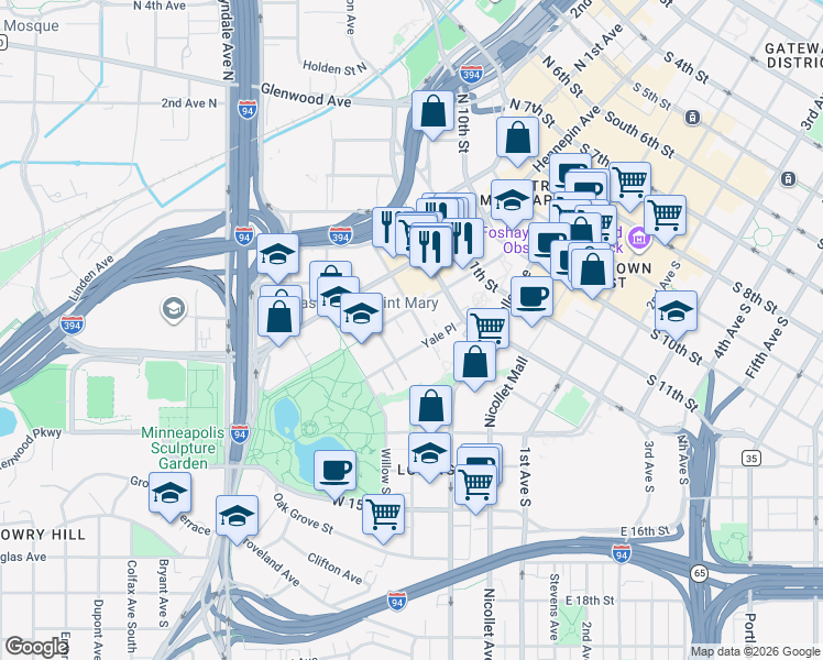 map of restaurants, bars, coffee shops, grocery stores, and more near 1300 Yale Place in Minneapolis