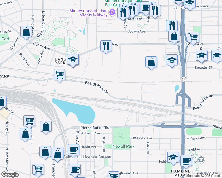 map of restaurants, bars, coffee shops, grocery stores, and more near 1835 Energy Park Drive in Saint Paul