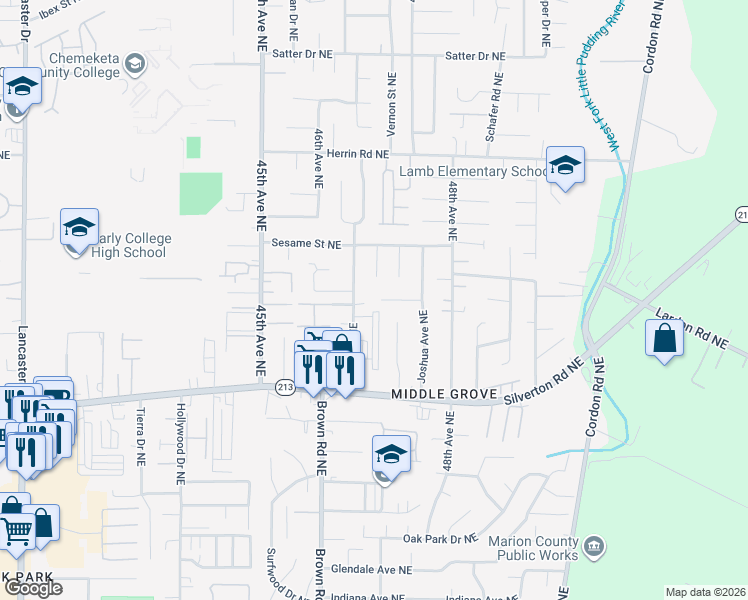 map of restaurants, bars, coffee shops, grocery stores, and more near 3755 Lynette Court Northeast in Salem