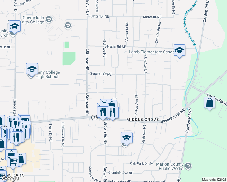 map of restaurants, bars, coffee shops, grocery stores, and more near 4665 Edwin Court Northeast in Salem