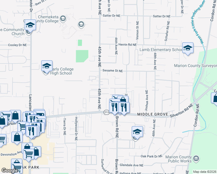 map of restaurants, bars, coffee shops, grocery stores, and more near 4505 Fellowship Way Northeast in Salem