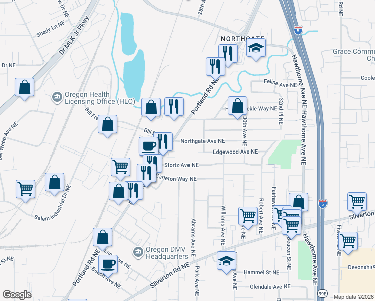 map of restaurants, bars, coffee shops, grocery stores, and more near 2288-2376 Northgate Avenue Northeast in Salem