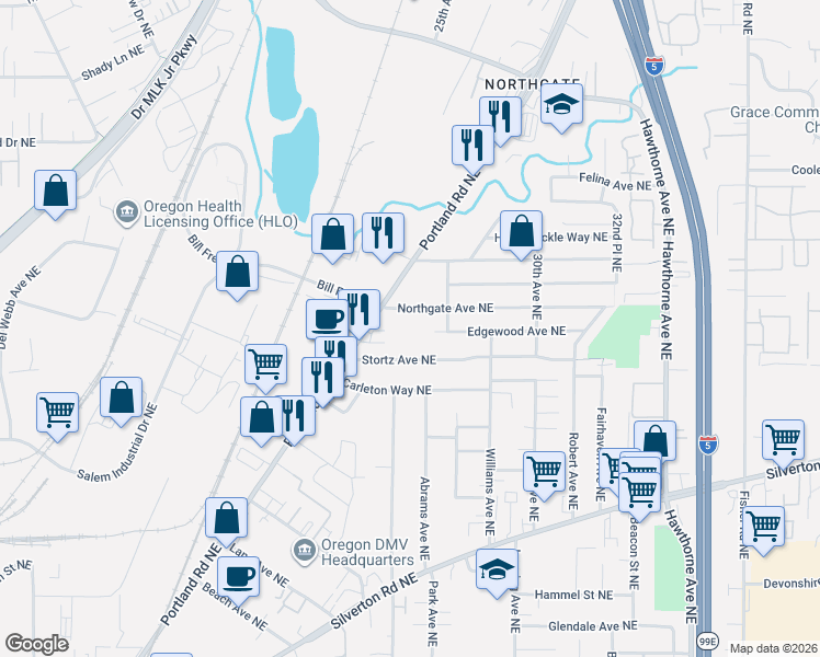 map of restaurants, bars, coffee shops, grocery stores, and more near 2288-2376 Northgate Avenue Northeast in Salem