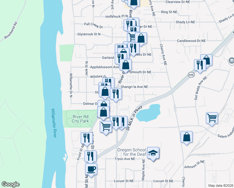 map of restaurants, bars, coffee shops, grocery stores, and more near 3208 Broadway Street in Salem