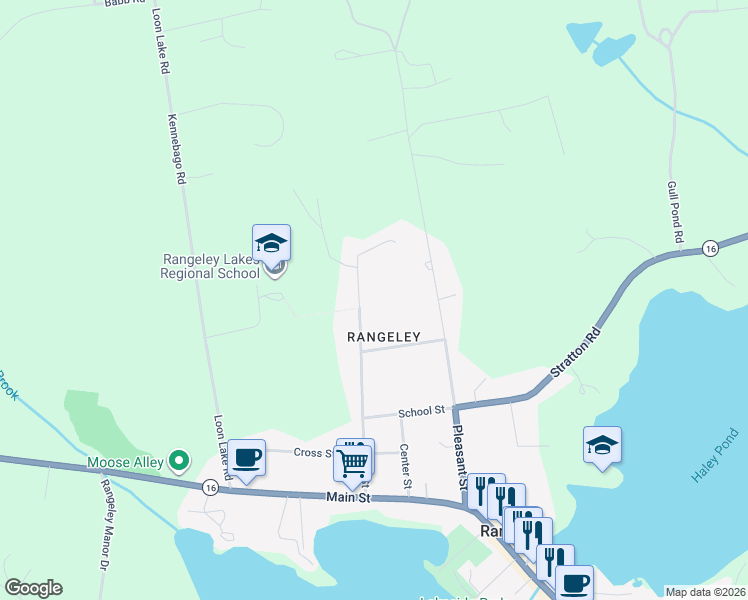 map of restaurants, bars, coffee shops, grocery stores, and more near 47 Allen Street in Rangeley