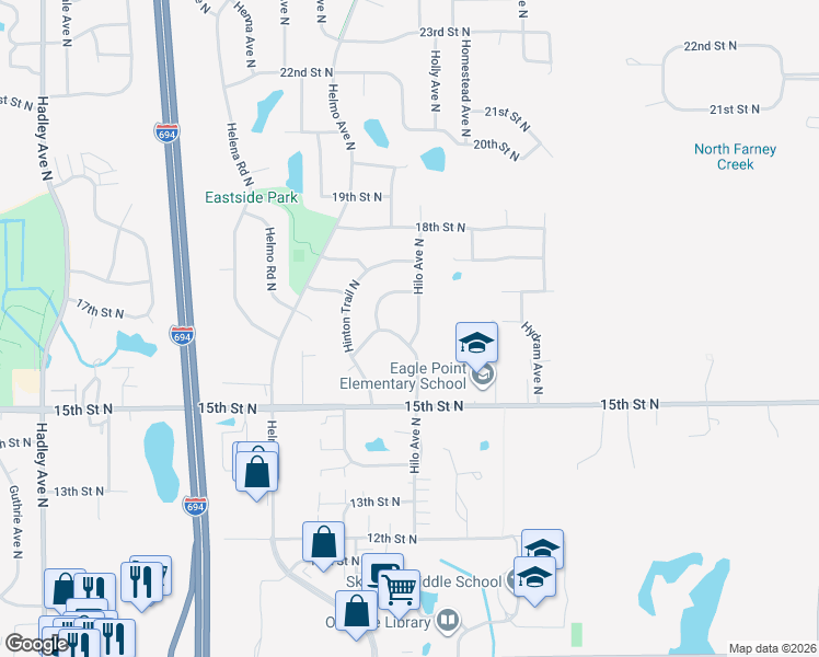 map of restaurants, bars, coffee shops, grocery stores, and more near 1668 Hilo Avenue North in Oakdale