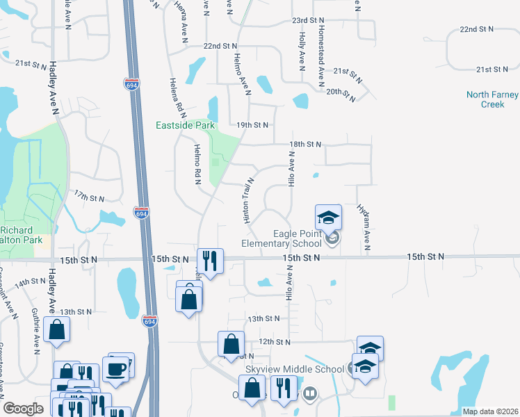 map of restaurants, bars, coffee shops, grocery stores, and more near 1674 Heron Lane North in Oakdale