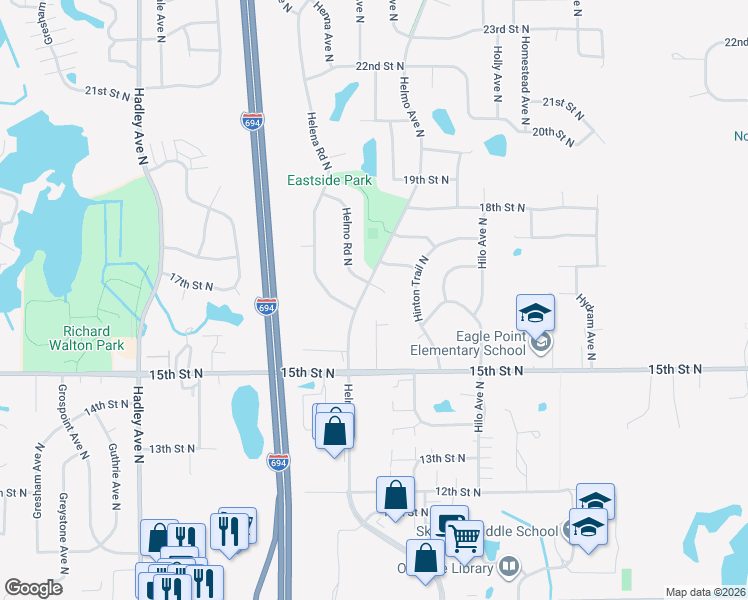 map of restaurants, bars, coffee shops, grocery stores, and more near 1642 Helmo Road North in Oakdale