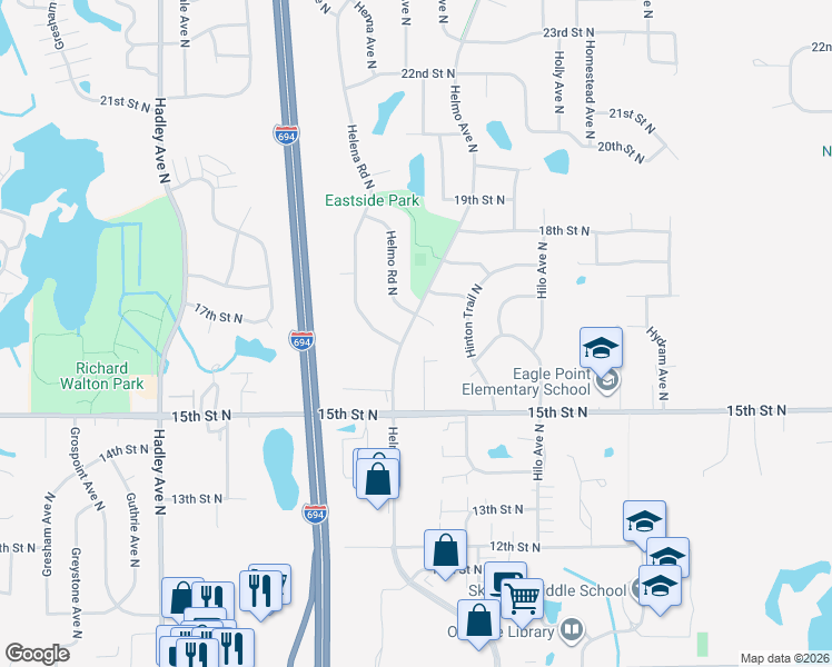 map of restaurants, bars, coffee shops, grocery stores, and more near 1642 Helmo Road North in Oakdale