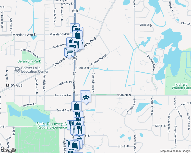 map of restaurants, bars, coffee shops, grocery stores, and more near 1646 Gershwin Avenue North in Saint Paul