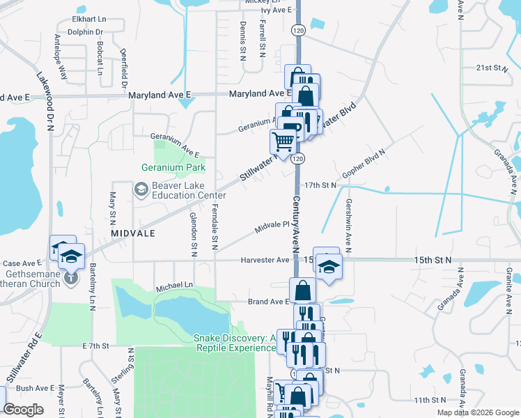 map of restaurants, bars, coffee shops, grocery stores, and more near 1037 Century Avenue North in Maplewood