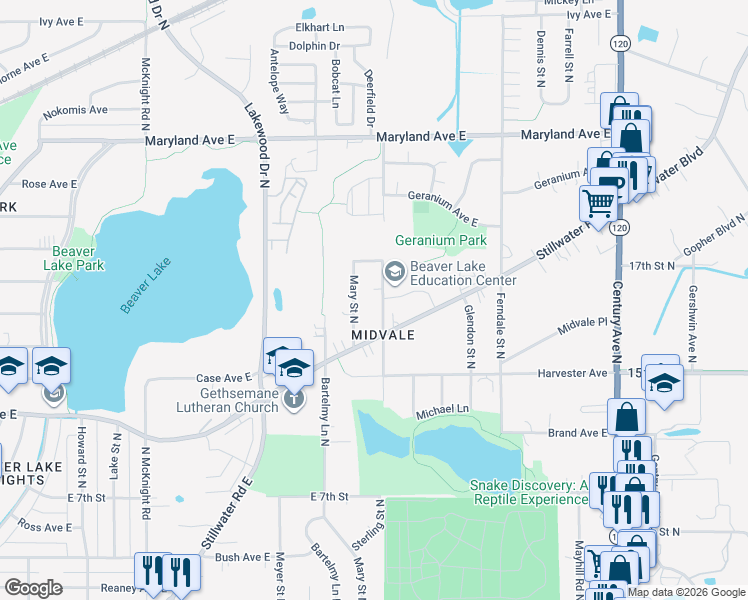 map of restaurants, bars, coffee shops, grocery stores, and more near 1049 Sterling Street North in Maplewood
