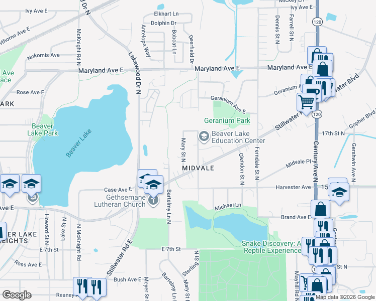 map of restaurants, bars, coffee shops, grocery stores, and more near 1049 Sterling Street North in Maplewood