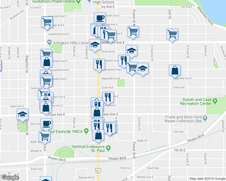 map of restaurants, bars, coffee shops, grocery stores, and more near 851 Cook Avenue in Saint Paul