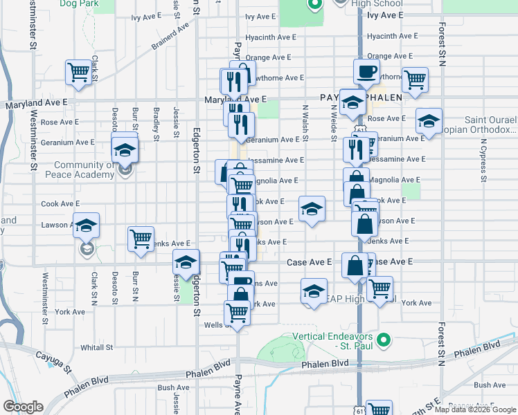map of restaurants, bars, coffee shops, grocery stores, and more near 671 Cook Avenue in Saint Paul
