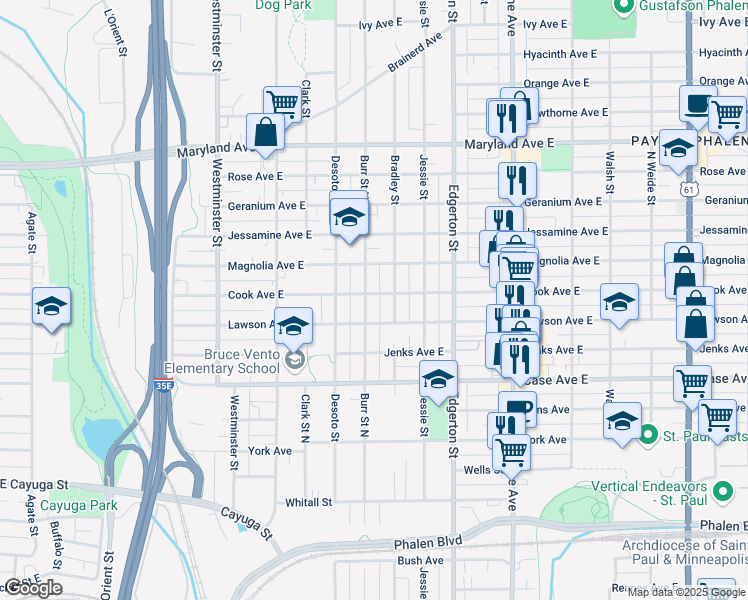 map of restaurants, bars, coffee shops, grocery stores, and more near 1054 Burr Street North in Saint Paul