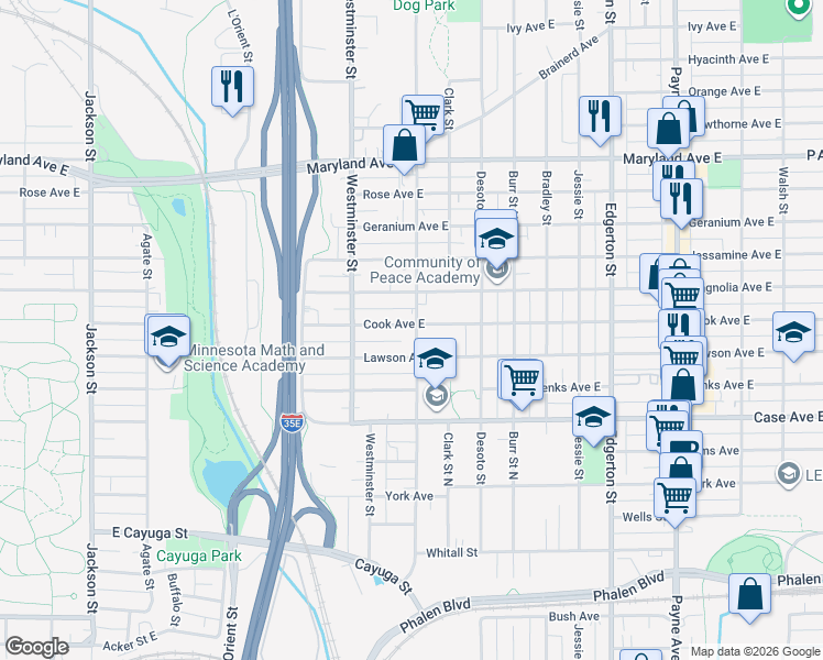 map of restaurants, bars, coffee shops, grocery stores, and more near 395 Cook Avenue in Saint Paul