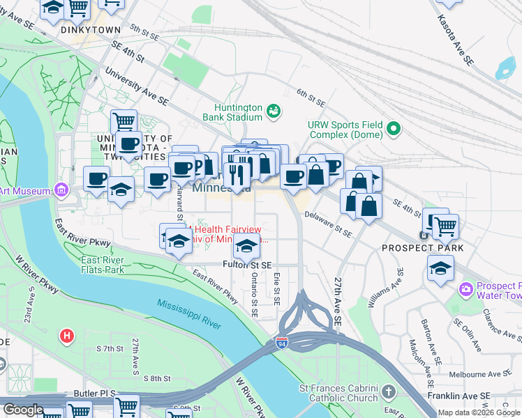 map of restaurants, bars, coffee shops, grocery stores, and more near 315 Ontario Street Southeast in Minneapolis