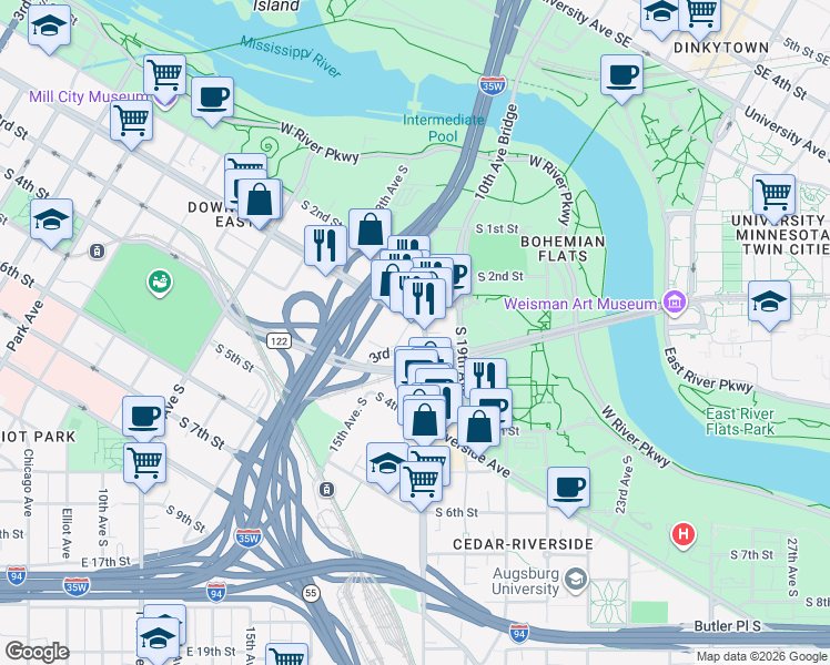 map of restaurants, bars, coffee shops, grocery stores, and more near 1423 South Washington Avenue in Minneapolis