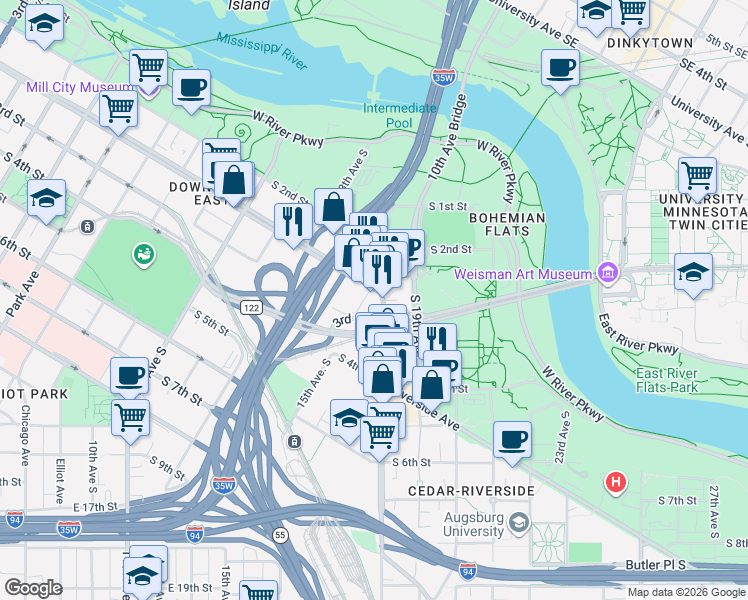 map of restaurants, bars, coffee shops, grocery stores, and more near 1423 South Washington Avenue in Minneapolis