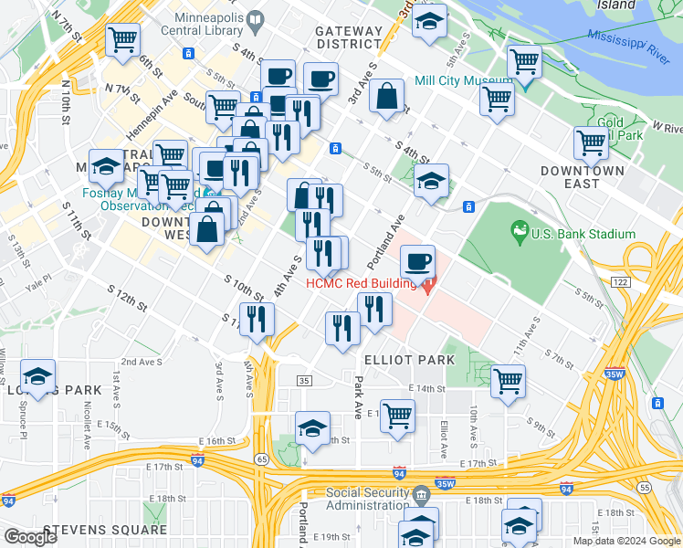map of restaurants, bars, coffee shops, grocery stores, and more near 510 South 8th Street in Minneapolis