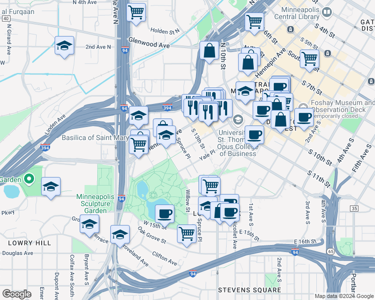 map of restaurants, bars, coffee shops, grocery stores, and more near 1321 Harmon Place in Minneapolis