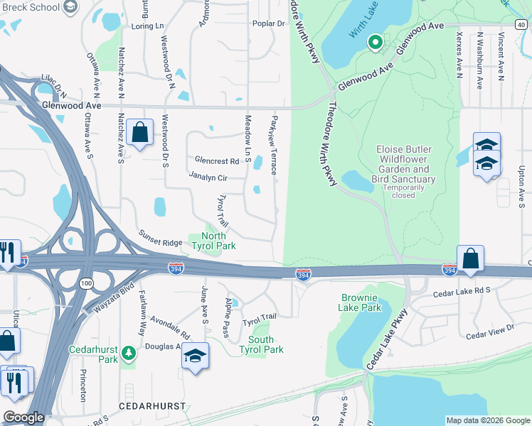 map of restaurants, bars, coffee shops, grocery stores, and more near 700 Parkview Terrace in Minneapolis