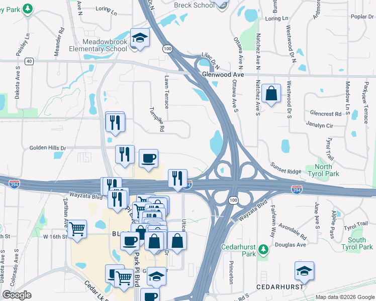 map of restaurants, bars, coffee shops, grocery stores, and more near 5120 Circle Down in Minneapolis