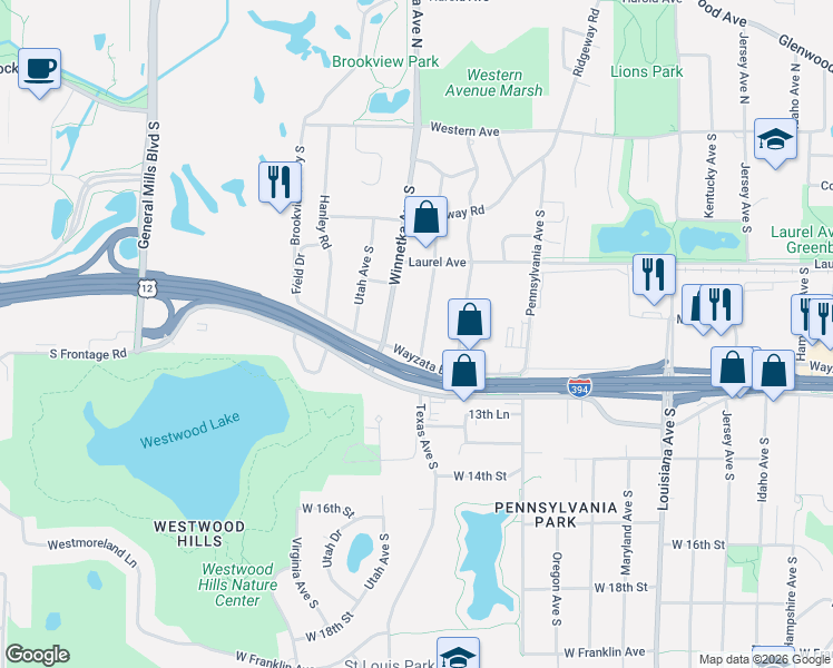 map of restaurants, bars, coffee shops, grocery stores, and more near 845 Winnetka Avenue South in Golden Valley