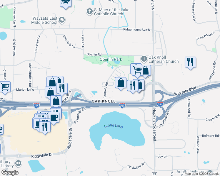 map of restaurants, bars, coffee shops, grocery stores, and more near 947 Fairfield Court in Minnetonka