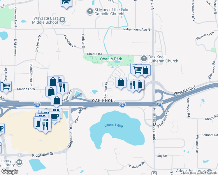 map of restaurants, bars, coffee shops, grocery stores, and more near 947 Fairfield Court in Minnetonka