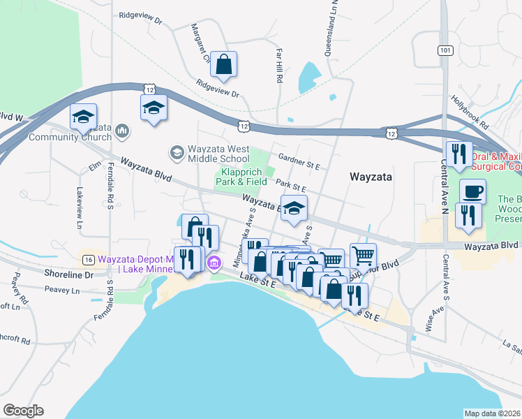map of restaurants, bars, coffee shops, grocery stores, and more near 517 Wayzata Boulevard in Wayzata
