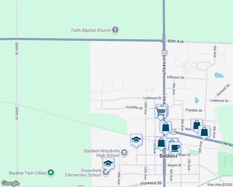 map of restaurants, bars, coffee shops, grocery stores, and more near 1449 Summit Street in Baldwin