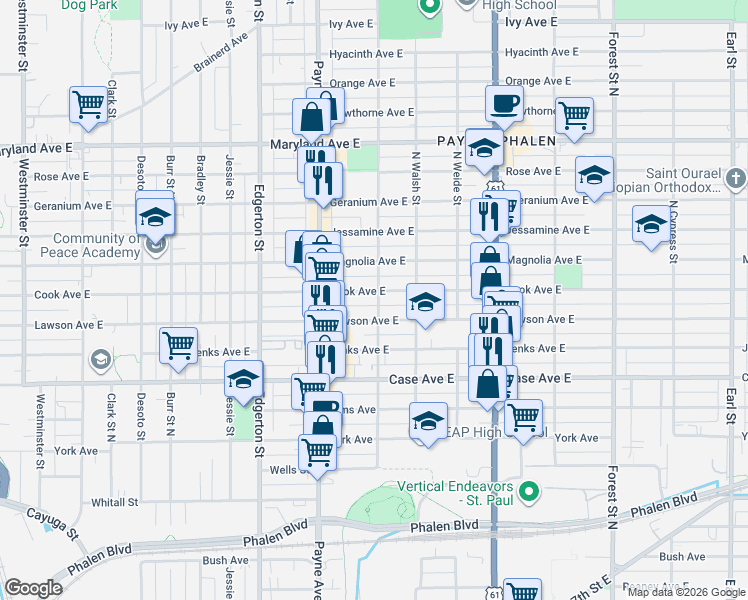 map of restaurants, bars, coffee shops, grocery stores, and more near 715 Cook Avenue in Saint Paul