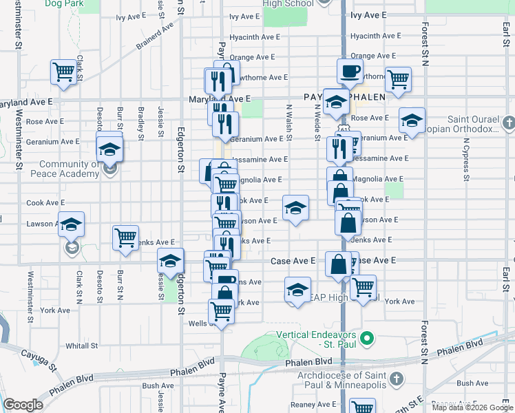 map of restaurants, bars, coffee shops, grocery stores, and more near 671 Cook Avenue in Saint Paul