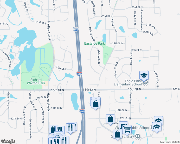map of restaurants, bars, coffee shops, grocery stores, and more near 1658 Helena Road North in Oakdale