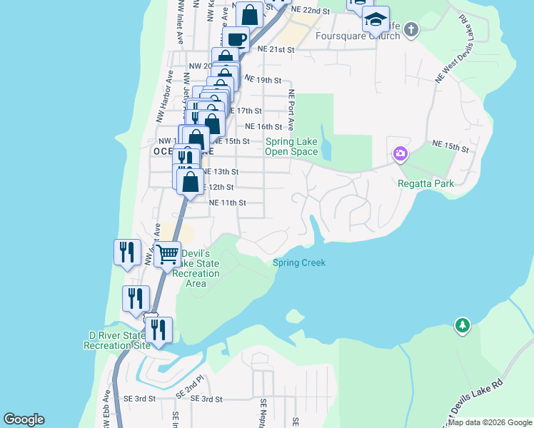 map of restaurants, bars, coffee shops, grocery stores, and more near 1899 Northeast 10th Street in Lincoln City