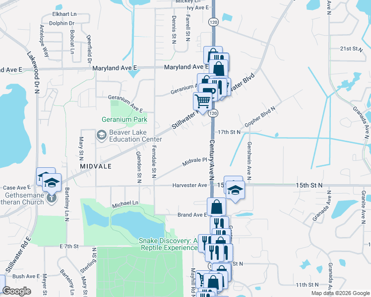 map of restaurants, bars, coffee shops, grocery stores, and more near 1037 Century Avenue North in Maplewood