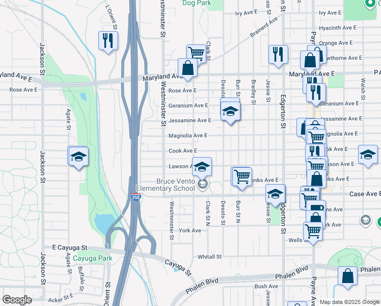 map of restaurants, bars, coffee shops, grocery stores, and more near 395 Cook Avenue in Saint Paul