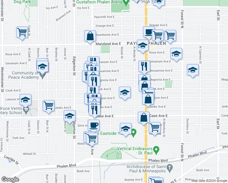 map of restaurants, bars, coffee shops, grocery stores, and more near 710 Cook Avenue East in Saint Paul